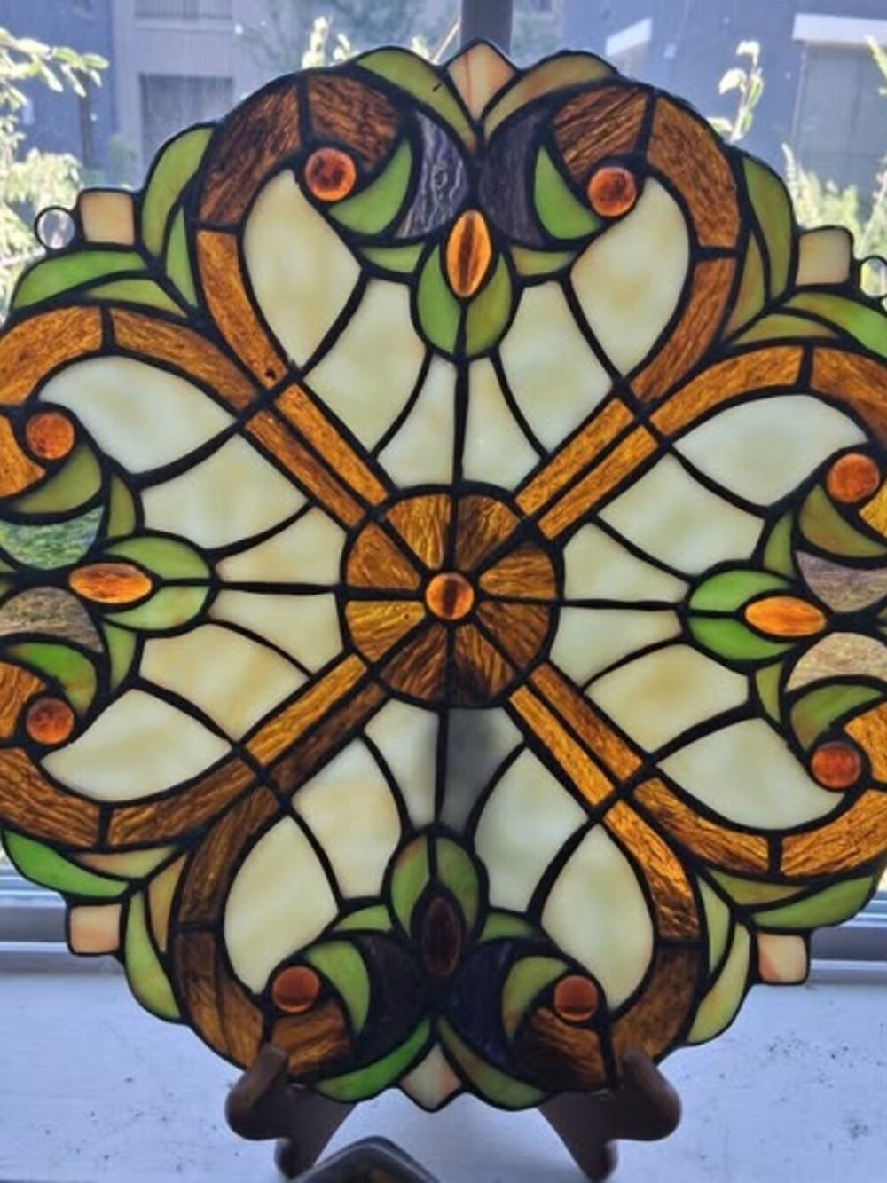 Stained Glass Decorative Panel in Amber, Green & Cream